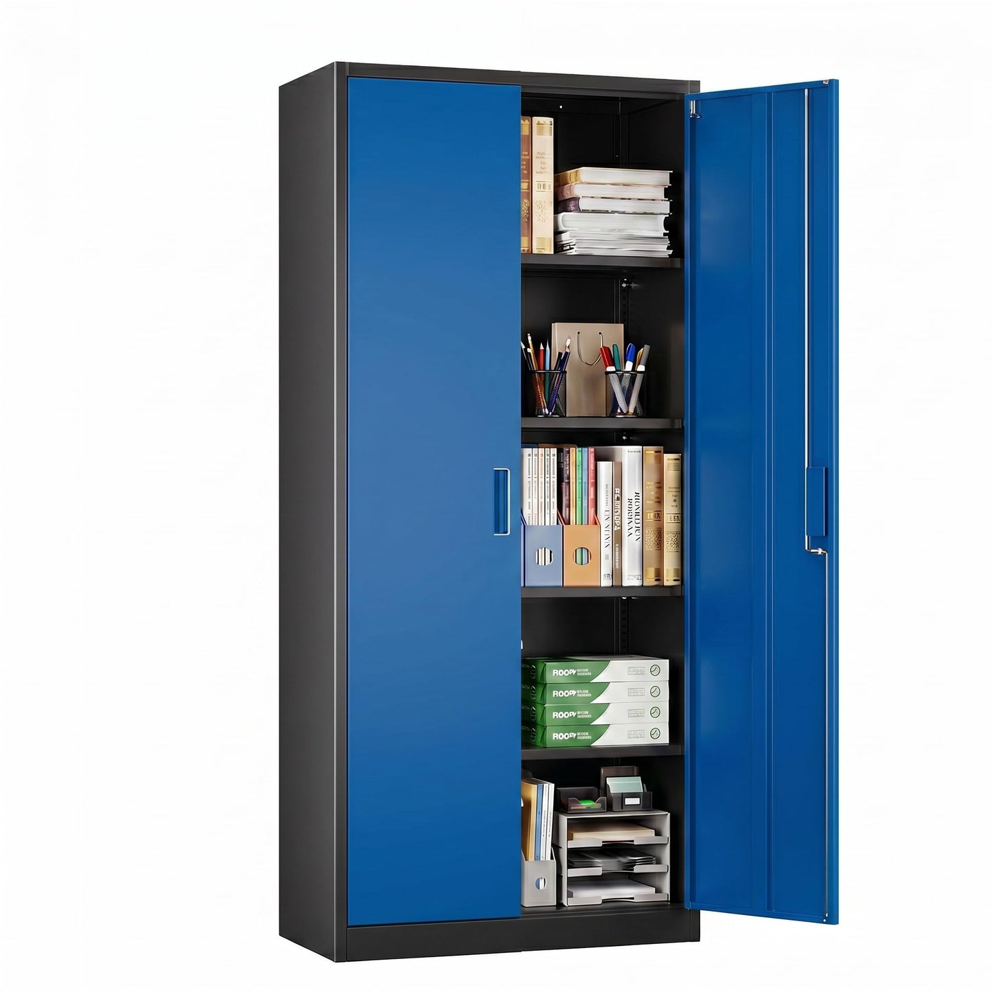 Lockable Metal Garage Storage Cabinet with Adjustable Shelves - Black & Blue