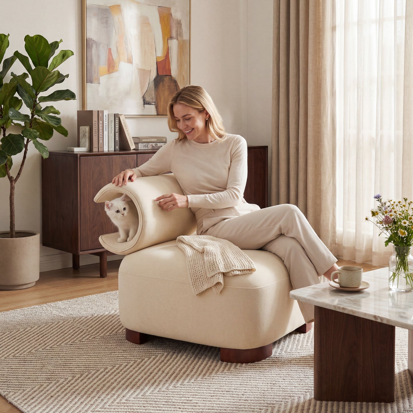 Beige Polyester Accent Chair - Pet-Friendly, 330 Lbs Capacity
