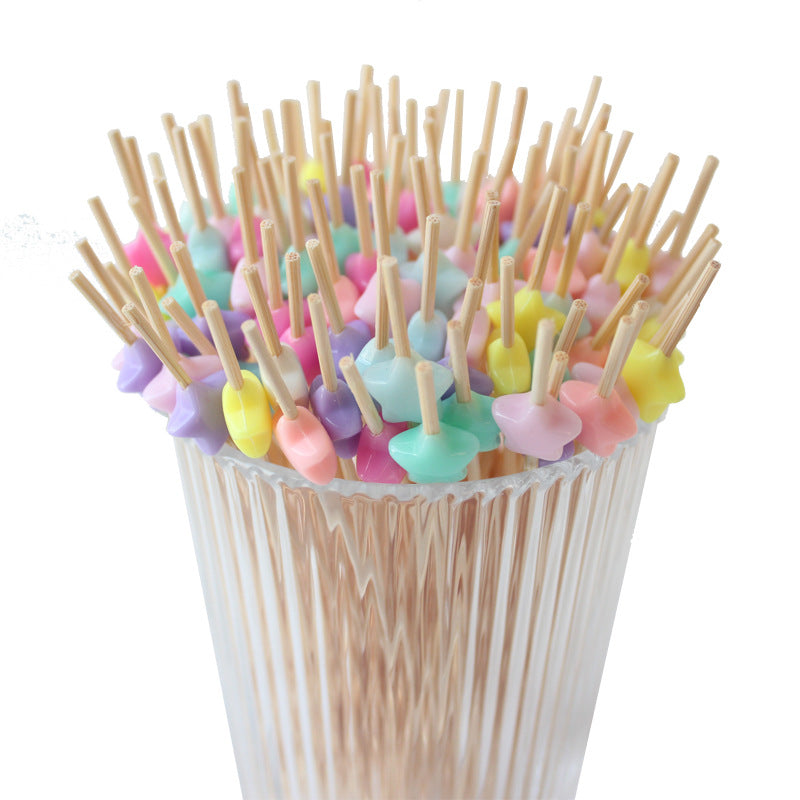 Set of 100 Bamboo Fruit Toothpicks with Colorful Star and Flower Designs, 12cm