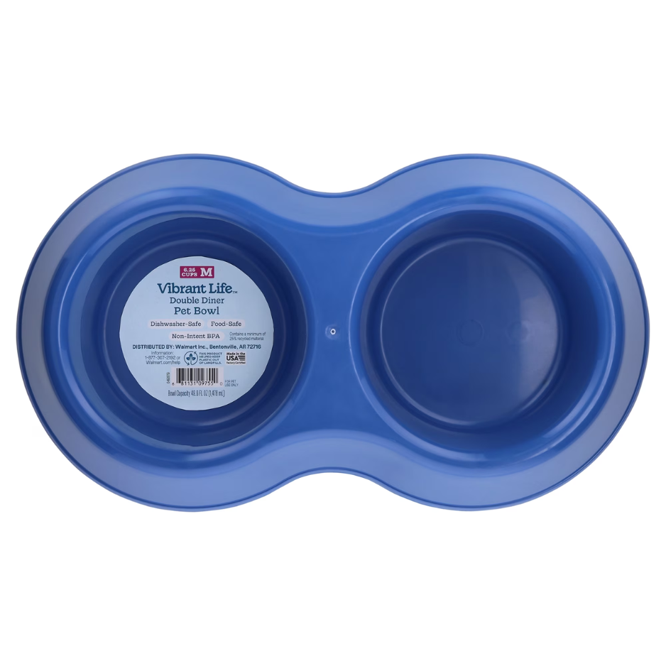 Pet Double Diner Bowl - Medium Blue, Food Safe & Dishwasher Safe