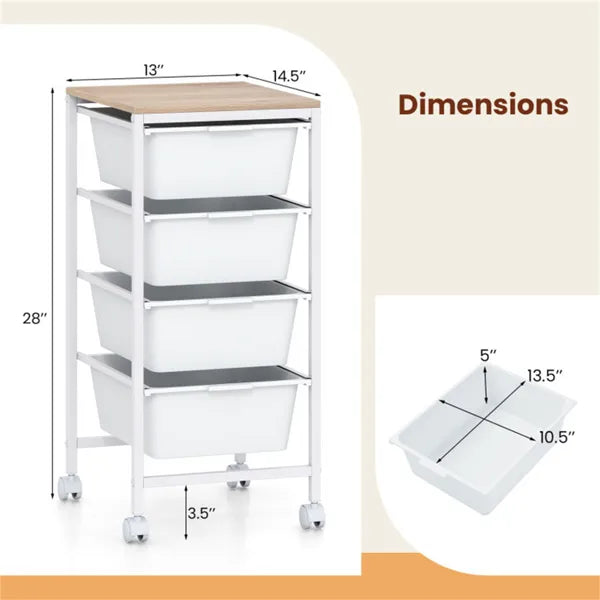 4-Drawer Rolling Storage Cart, Mobile Utility Organizer With MDF
