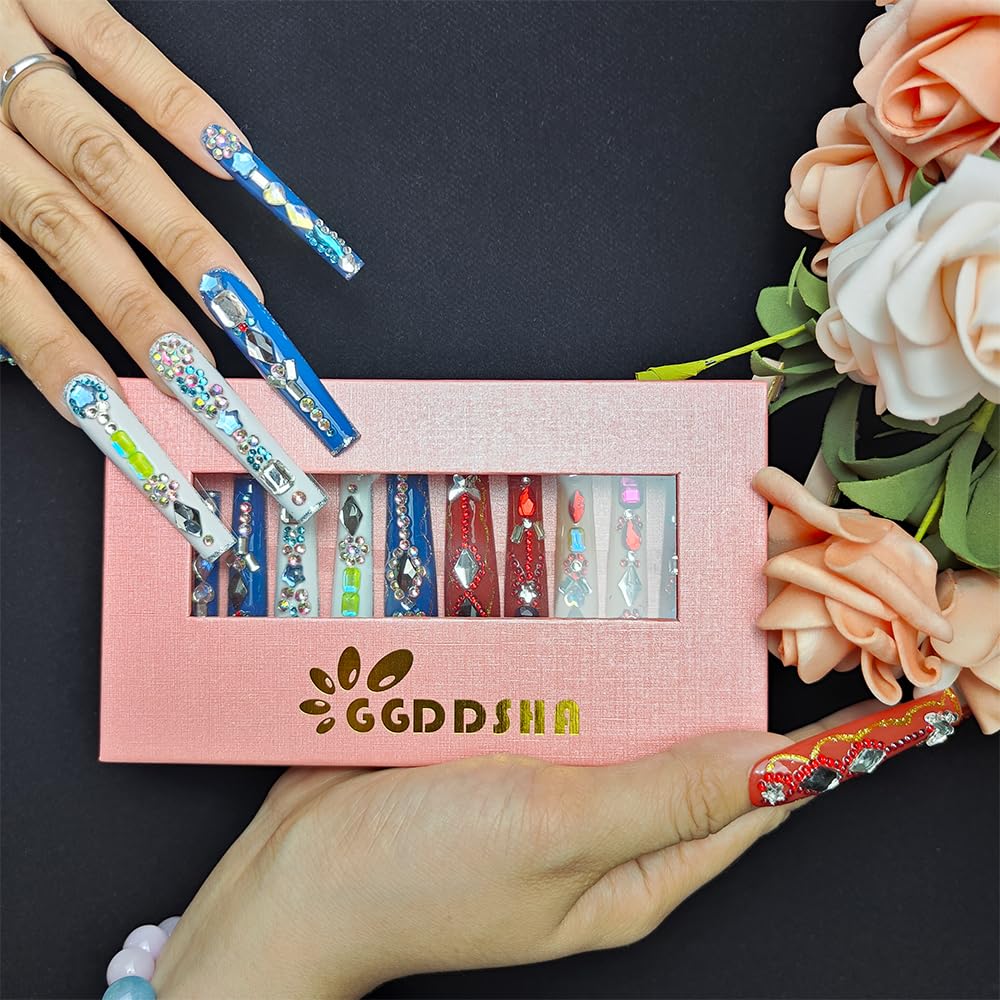 Long Handmade Press-On Nails with Butterfly & Rhinestones - Size M