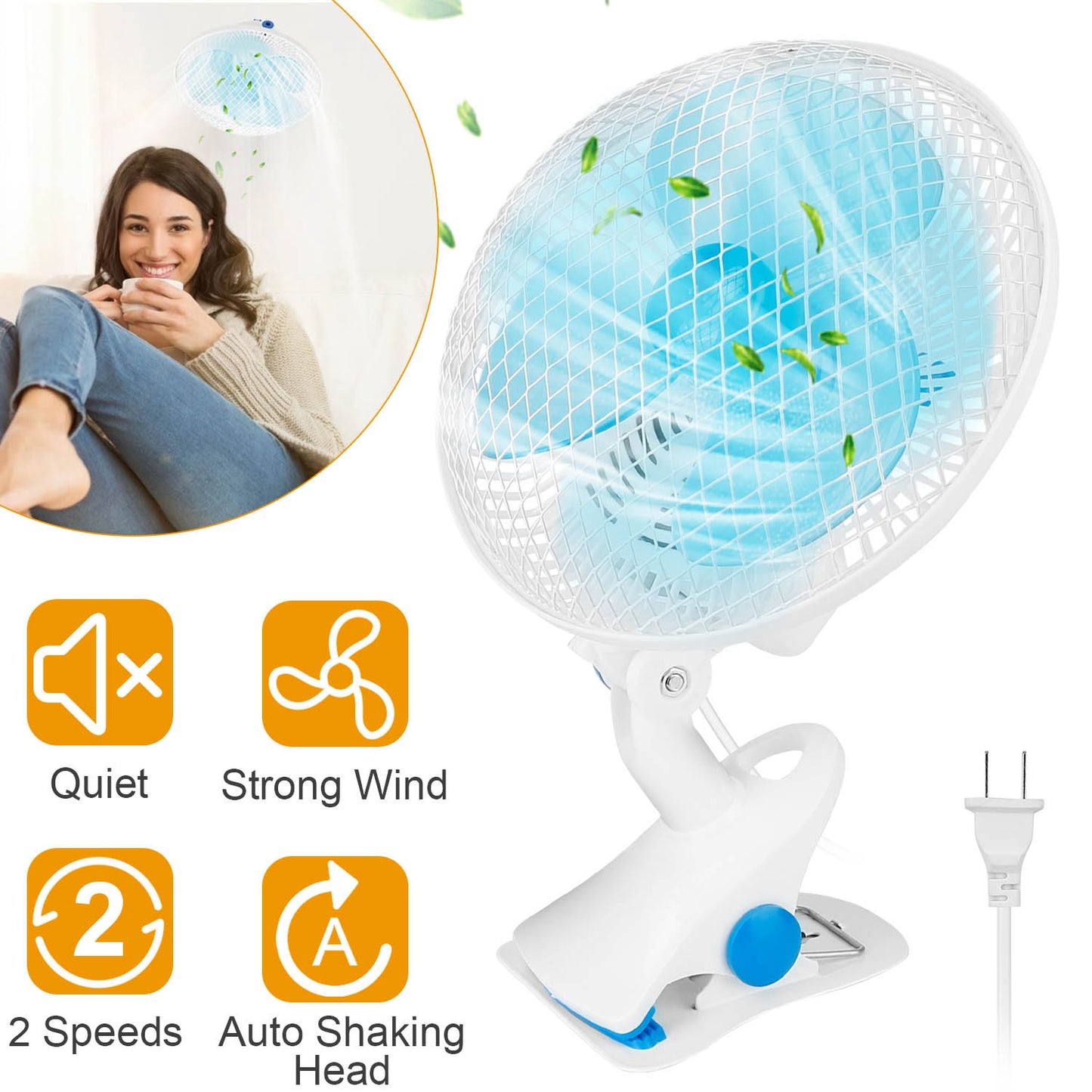 Clip On Desk Fan with 2 Speed Settings, Adjustable Tilt, Quiet Operation, Wall Mount & Clamp - White