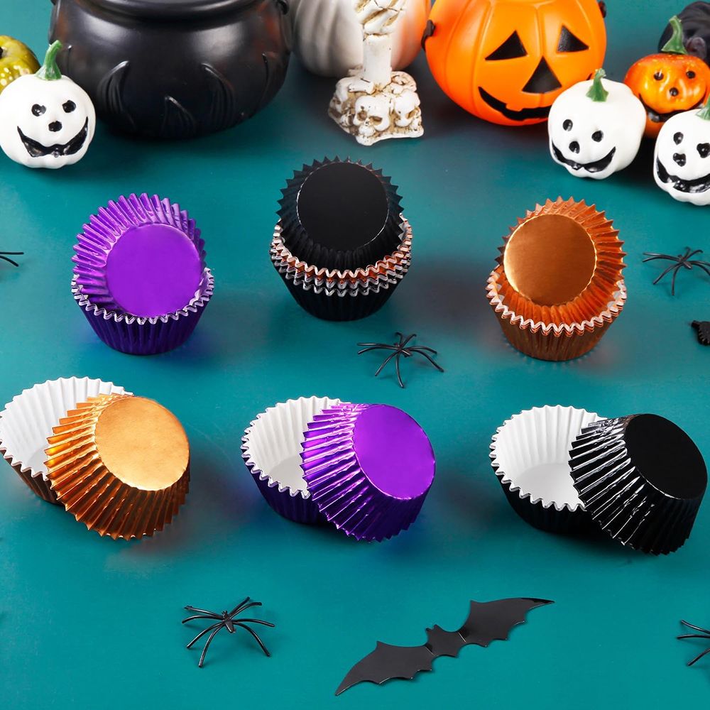 300 Pcs Halloween Foil Cupcake Liners - Black, Purple, Orange