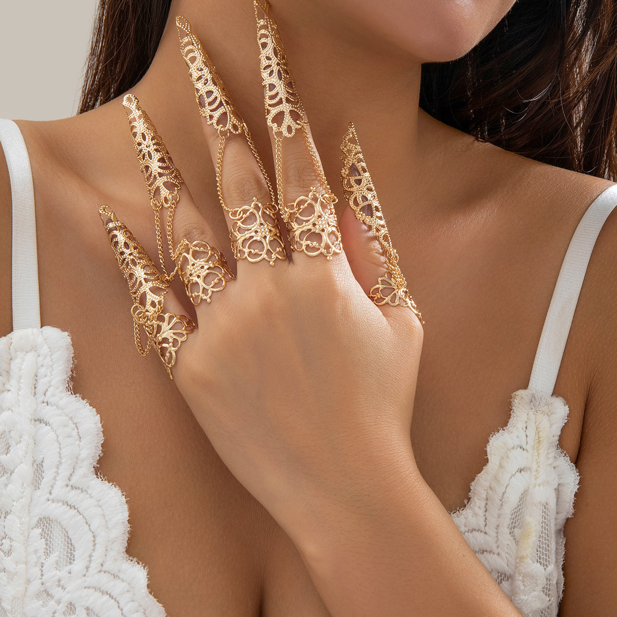 Gothic Style Hollow Tapered Fingernail Ring with Tassel and Geometric Design