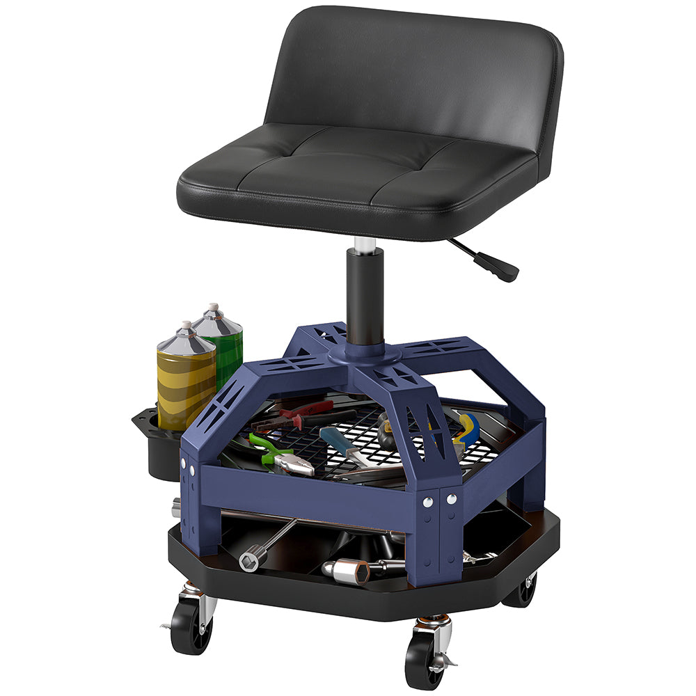Adjustable Height Rolling Garage Stool with Tool Tray - 300 LBS Capacity, Blue