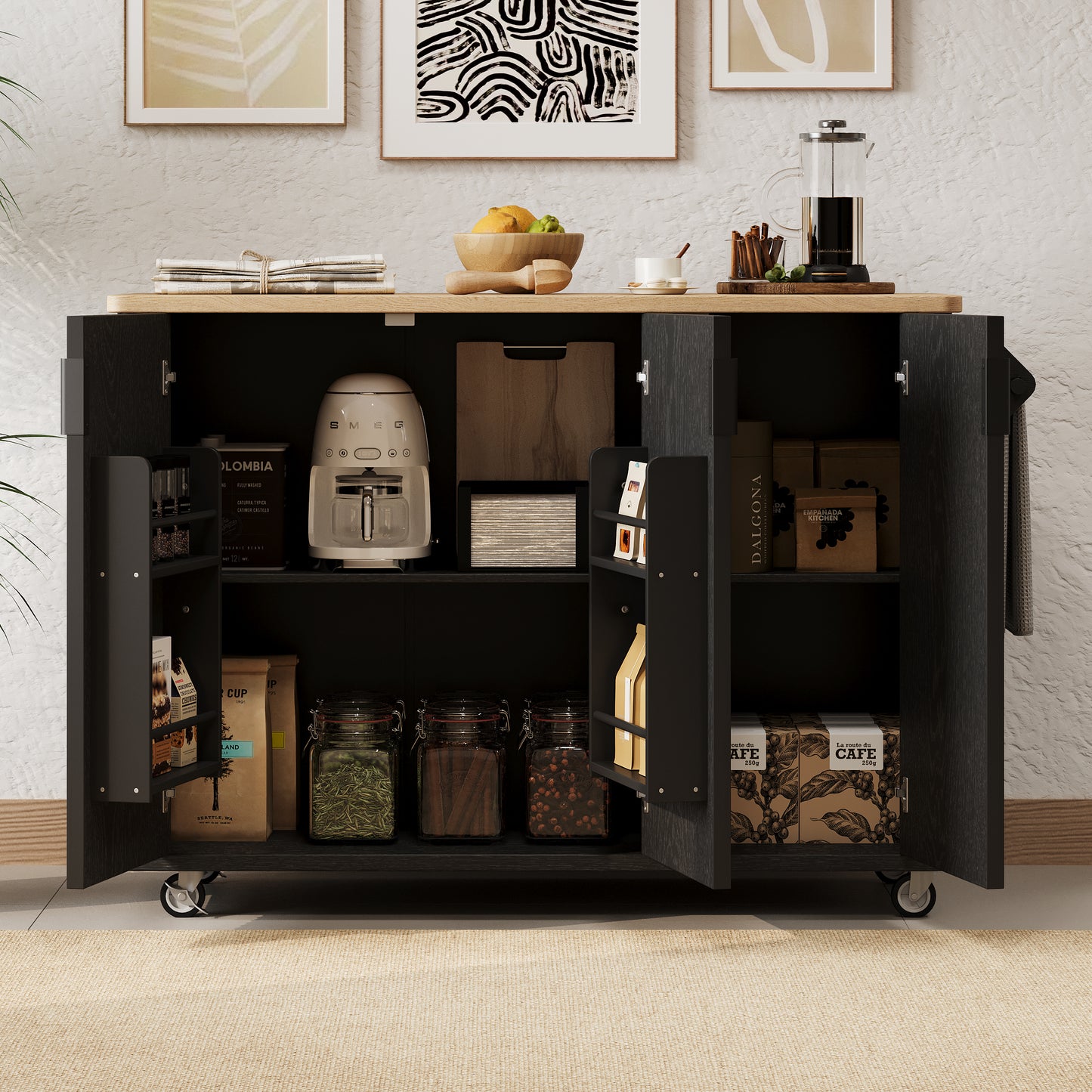 K&K 51 Fluted Kitchen Island With Drop Leaf, Farmhouse Accent On