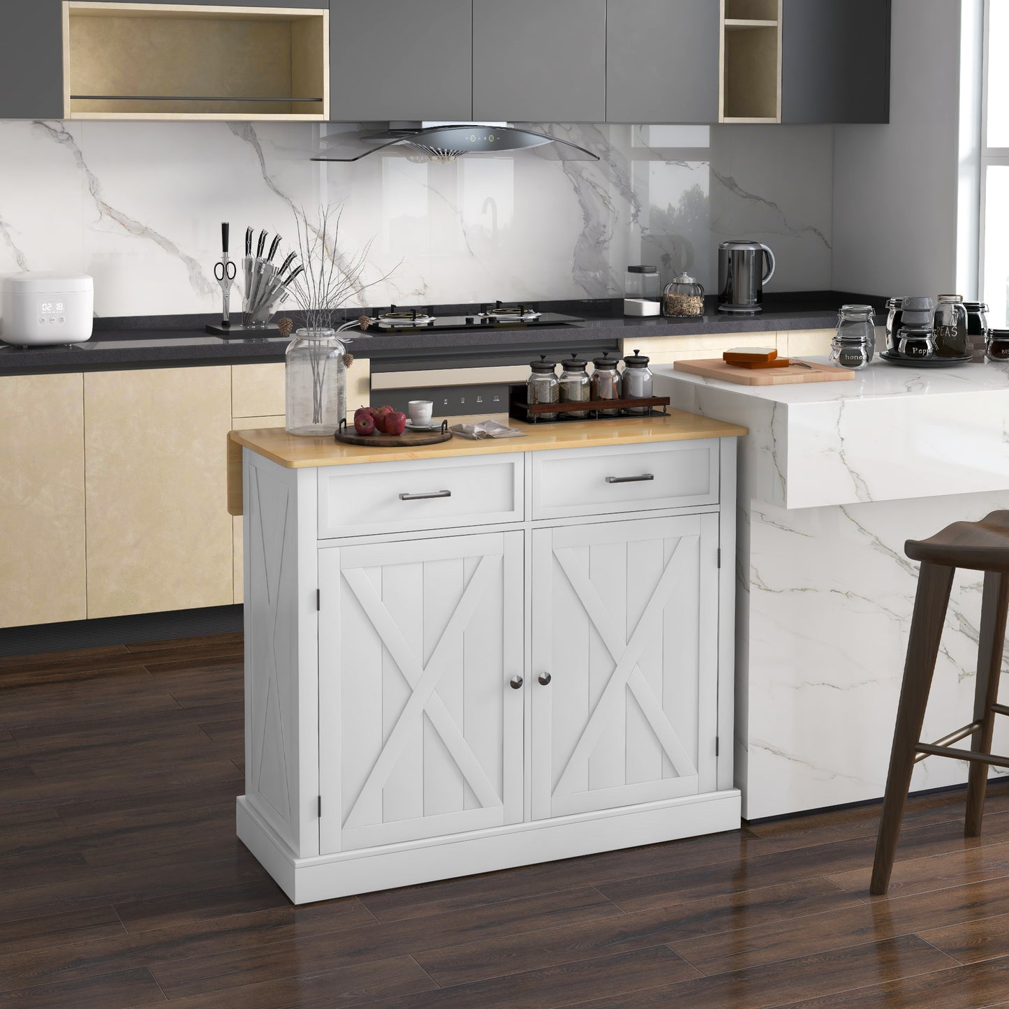 Rolling Kitchen Island with Drop Leaf - White Farmhouse Cart