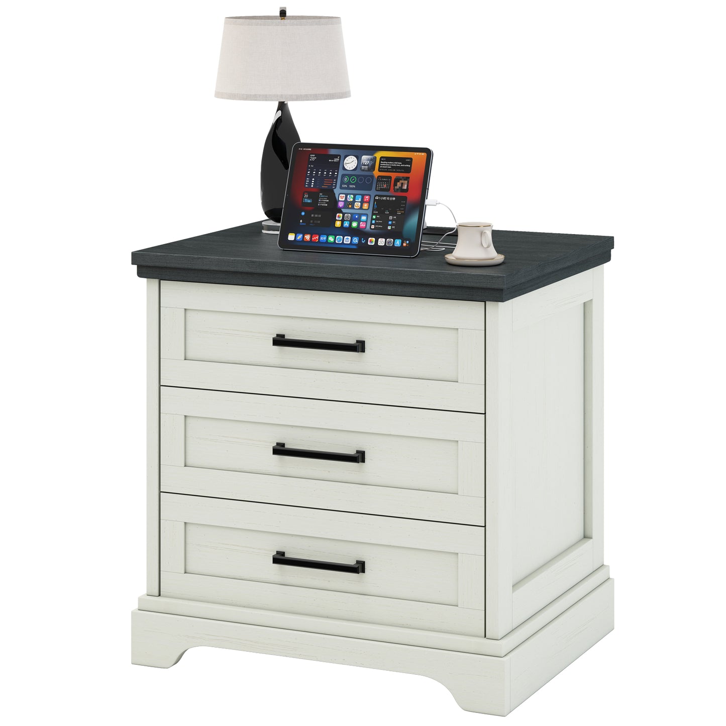 Country-Style Bedside Table with Charging Station & Drawer - White