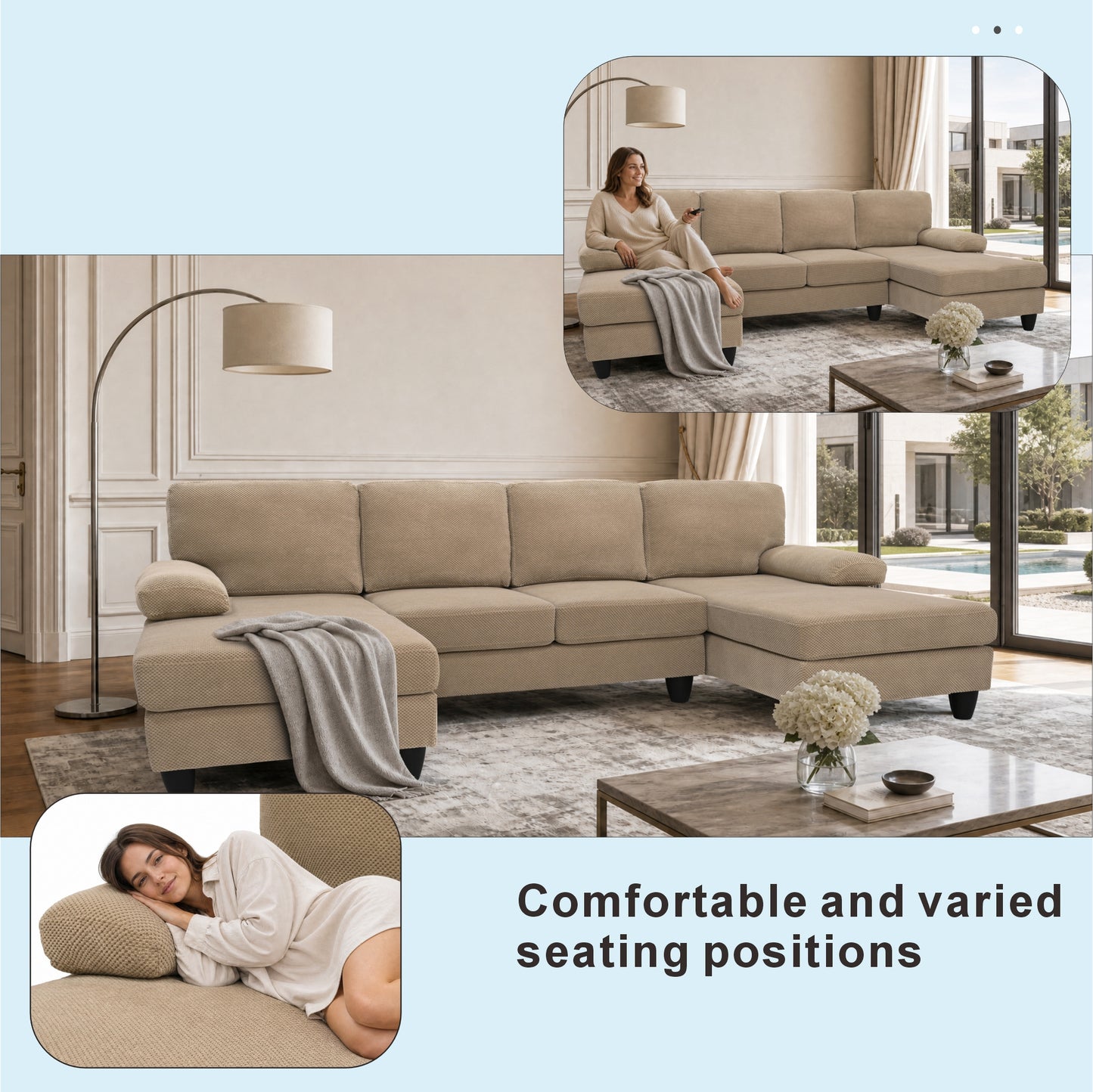 U-Shaped Sofa with Nubby Upholstery and Dual Chaise - Camel