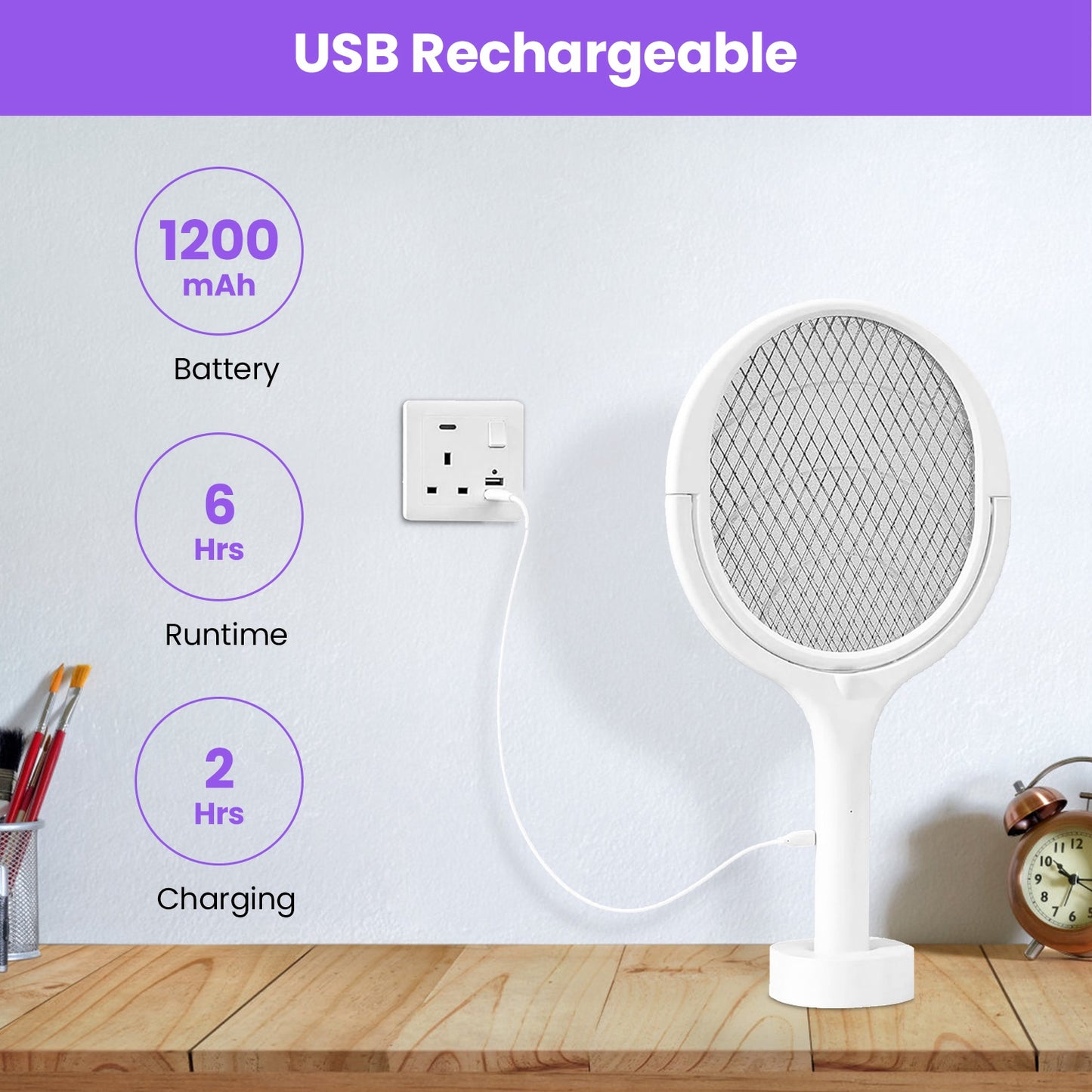 Electric Bug Zapper Racket with Rotating Head & Telescopic Extension - Indoor Outdoor Mosquito Swatter