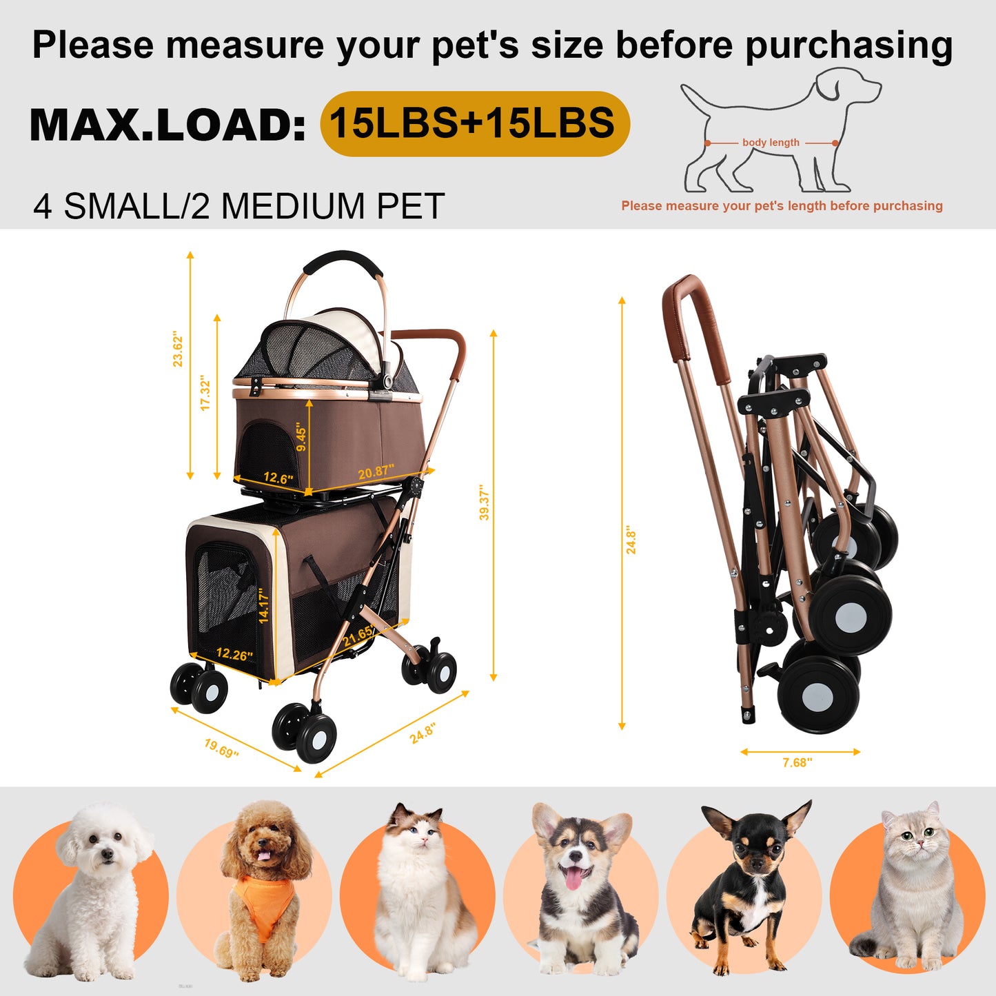 Double Pet Stroller 3-in-1 Foldable Carrier for Small & Medium Dogs Cats - Shockproof Wheels & Safety Leashes