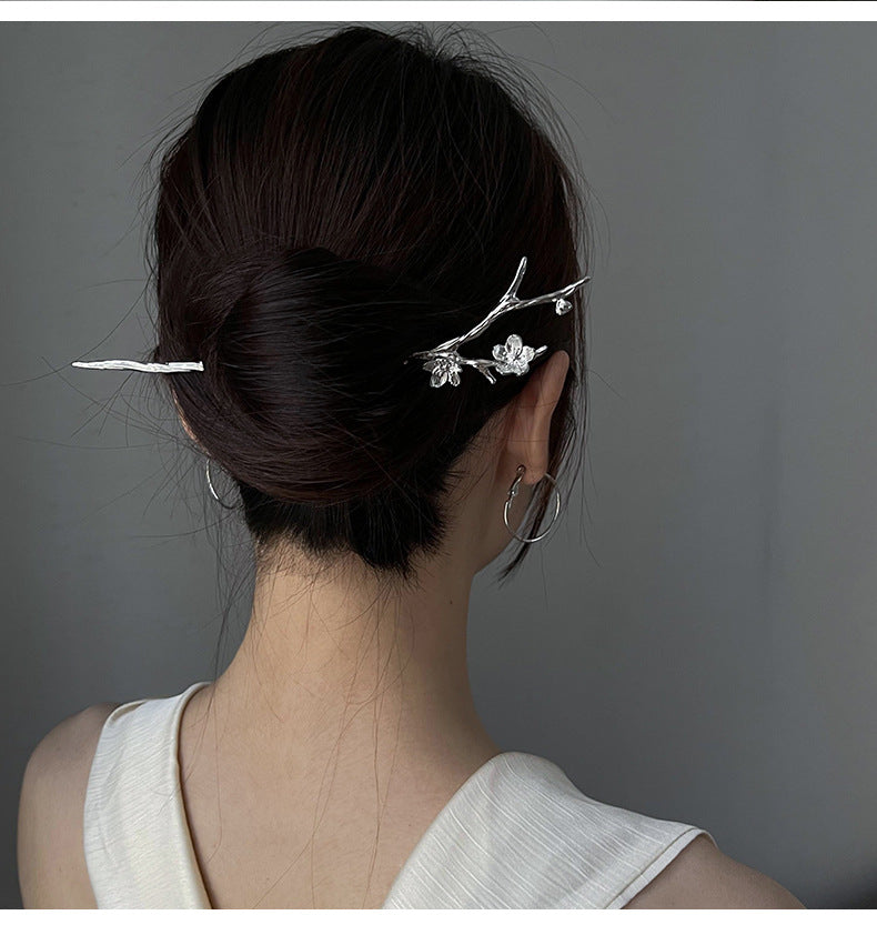 Metal Hairpin Hair Accessories for Women - Chinese Flower Design, Silver & Gun Black