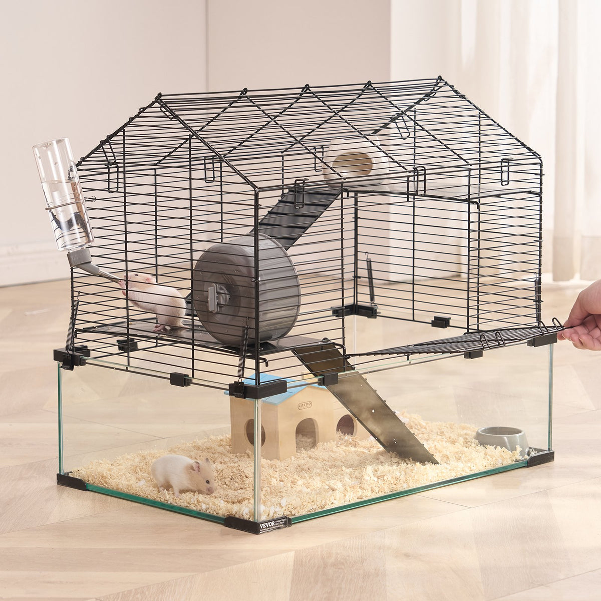 Wire Hamster Cage Habitat 22.8in with Acrylic View for Small Animals - Black