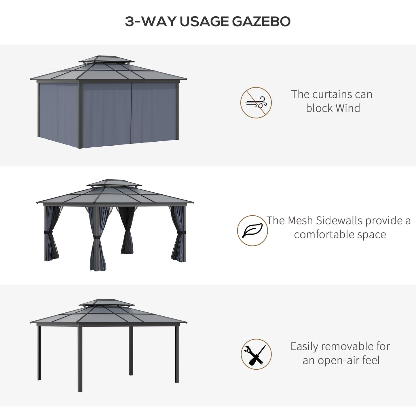 10x12 Hardtop Gazebo Canopy with Polycarbonate Roof - Black