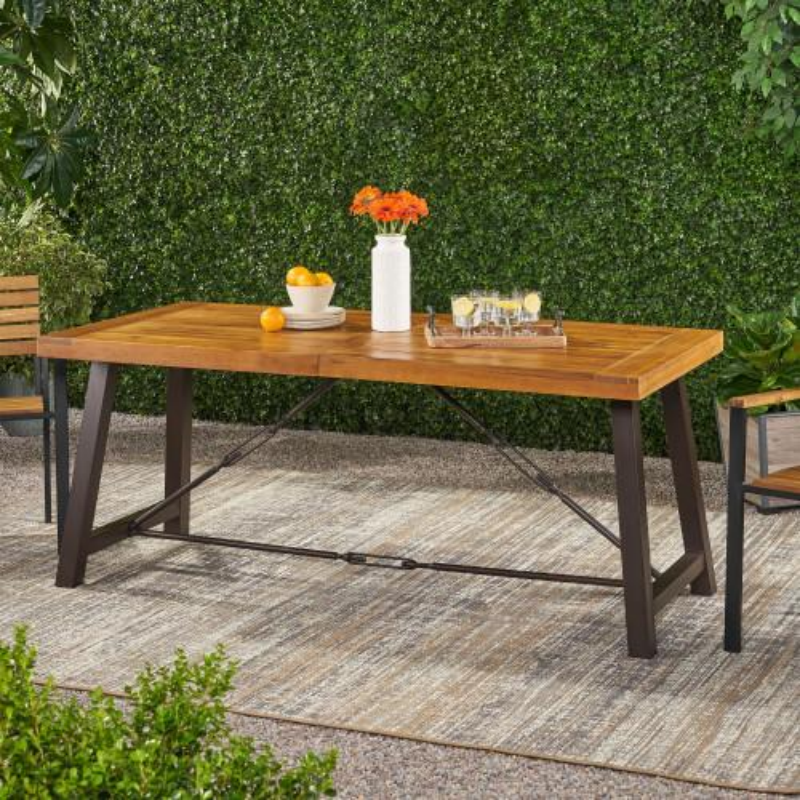 Outdoor Dining Table with Acacia Wood Top and Metal Base