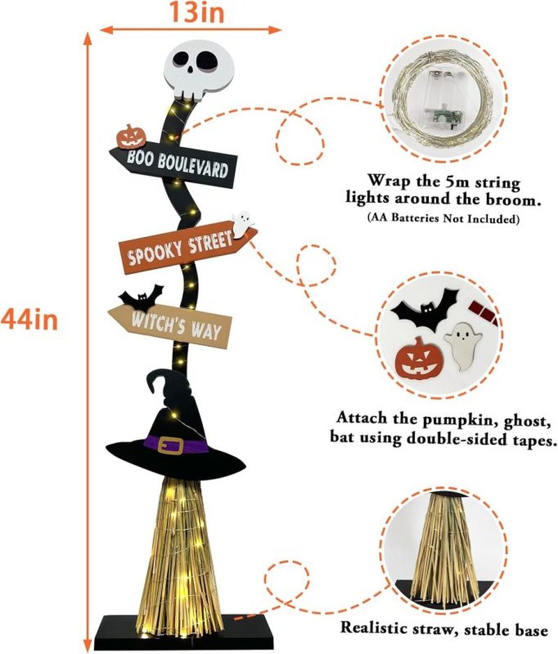 Halloween Glowing Wooden Witch Broom Decoration - Festive Holiday Decor