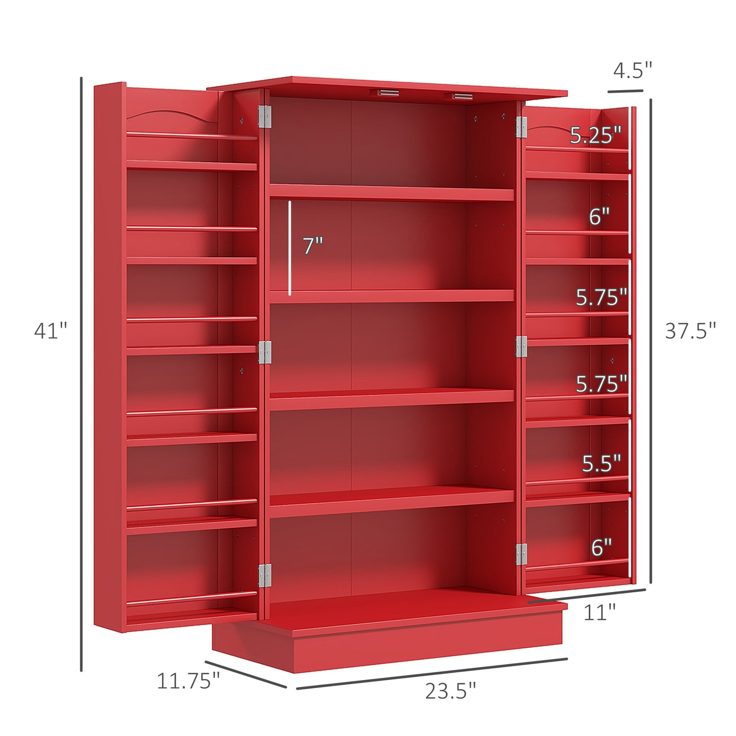 Large Kitchen Storage Cabinet with Double Doors & 5-Tier Shelving - Red