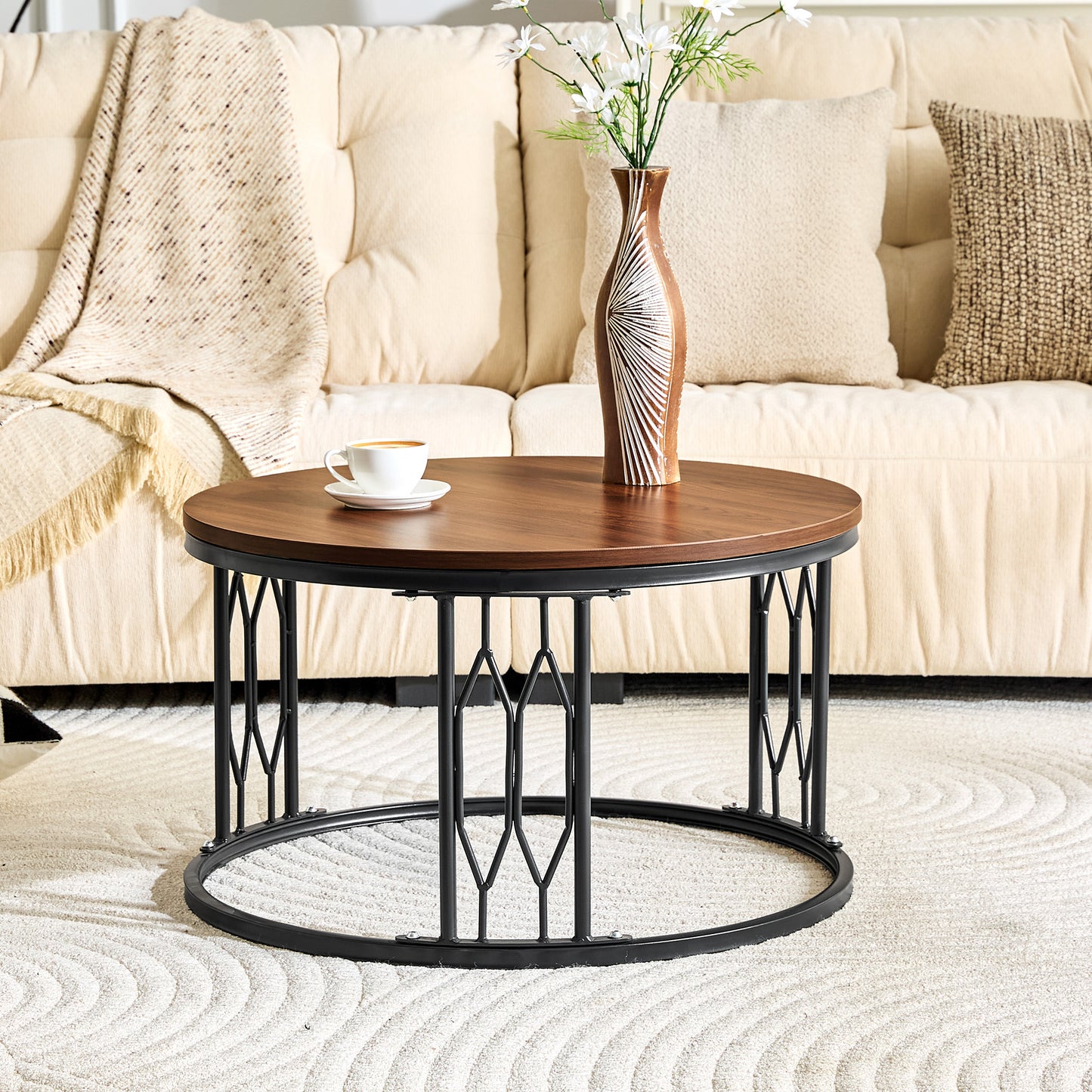 Walnut Round Coffee Table - 27.5" MDF Top, Metal Legs