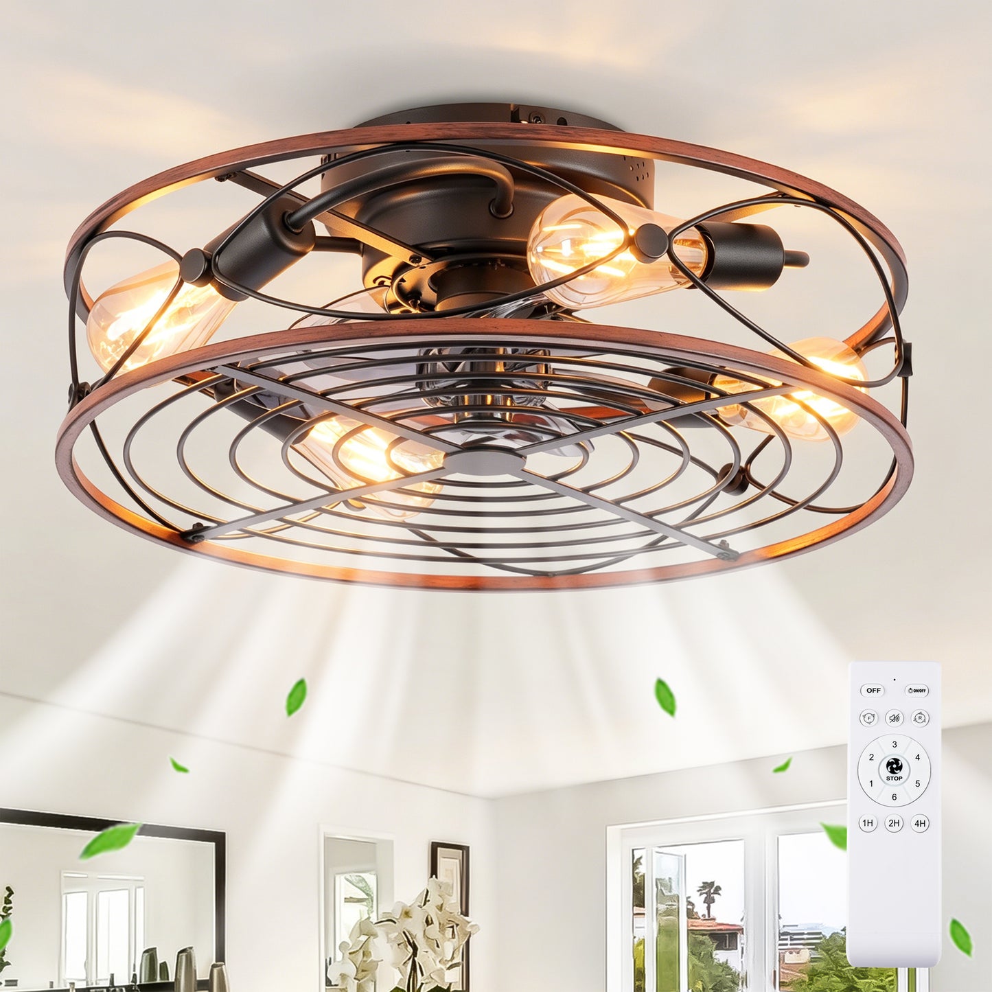 20'' Caged Ceiling Fan with Lights & Remote Control - Matte Black Wood
