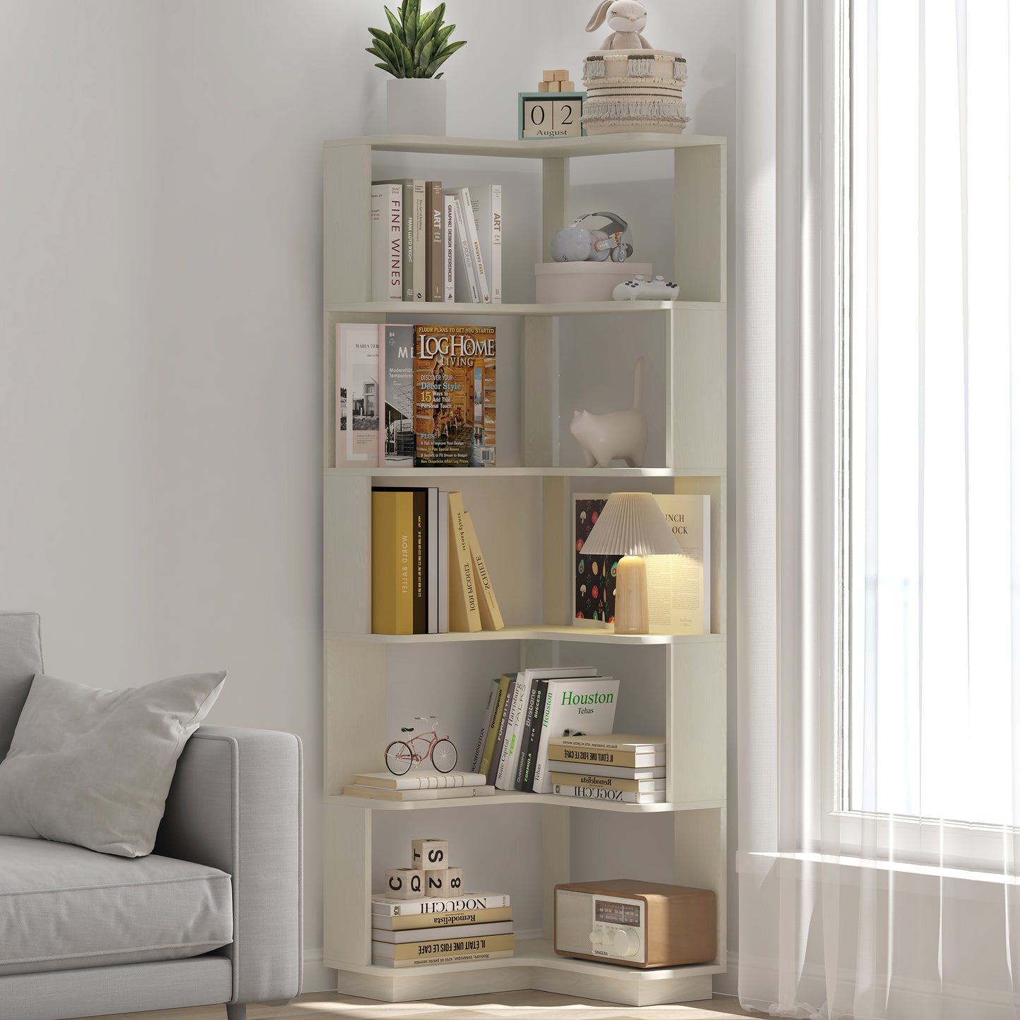 6 Tier Freestanding L-Shaped Corner Bookshelf For Living Room,
