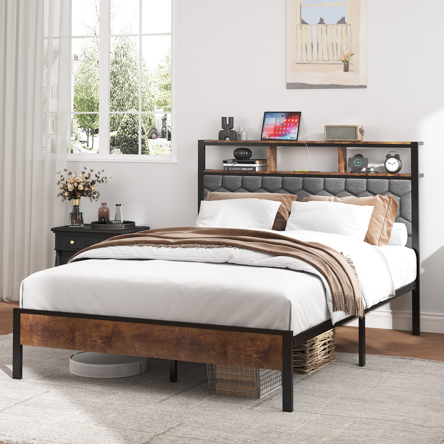 Full Wood Platform Bed Frame with Upholstered Headboard, USB Ports & Underbed Storage