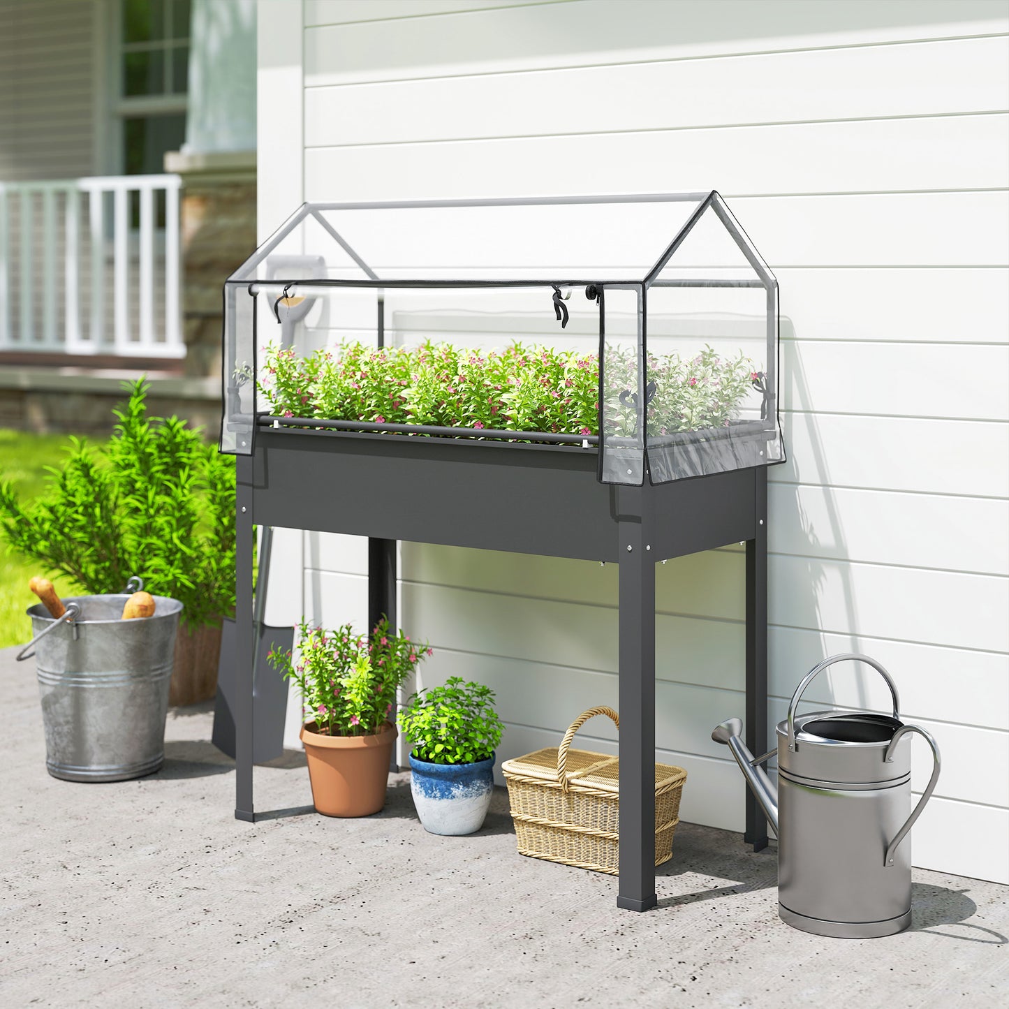 Elevated Garden Bed with Greenhouse Cover - Dark Gray, 1100x510mm
