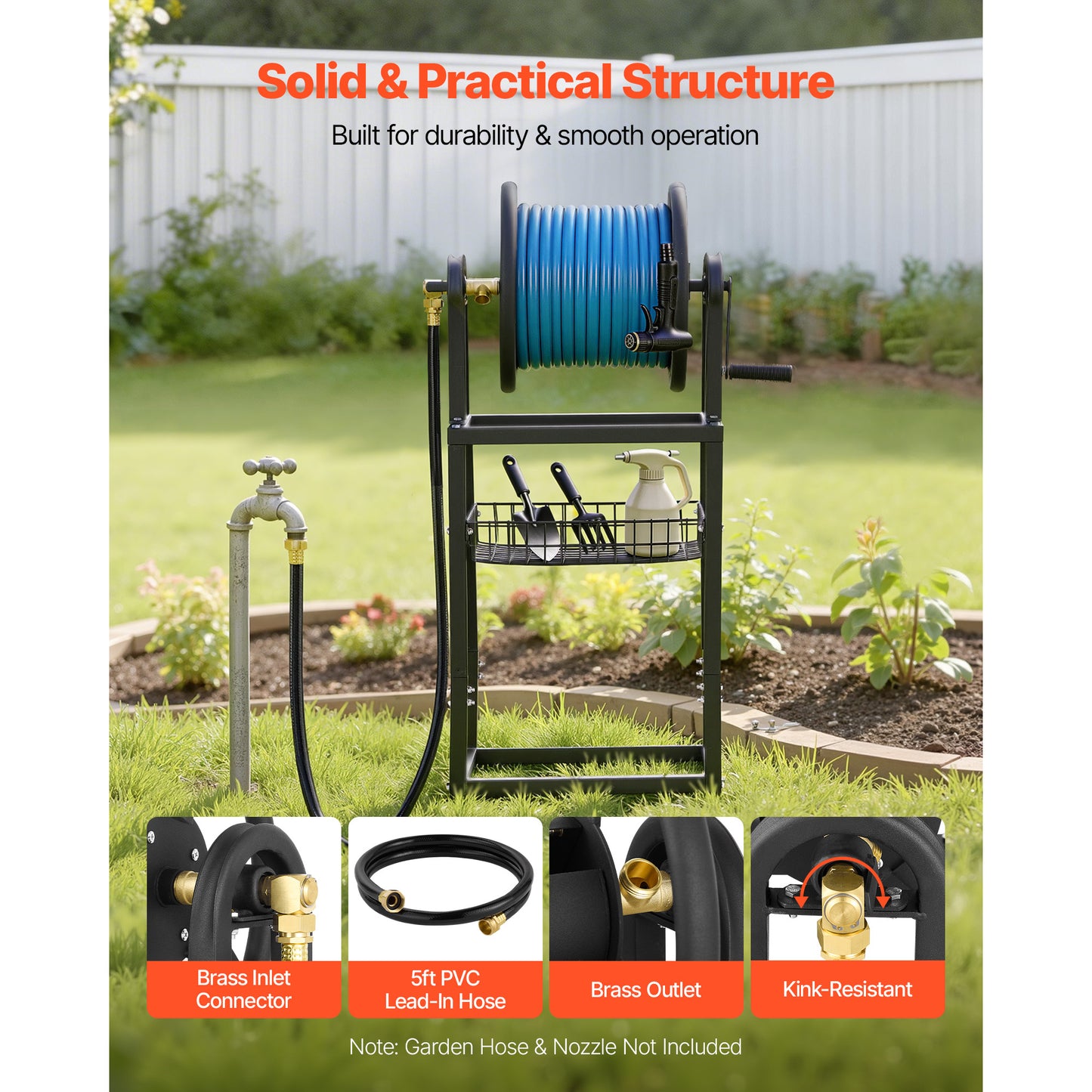 Freestanding Garden Hose Reel 125ft with Brass Fitting & Wall or Ground Mount