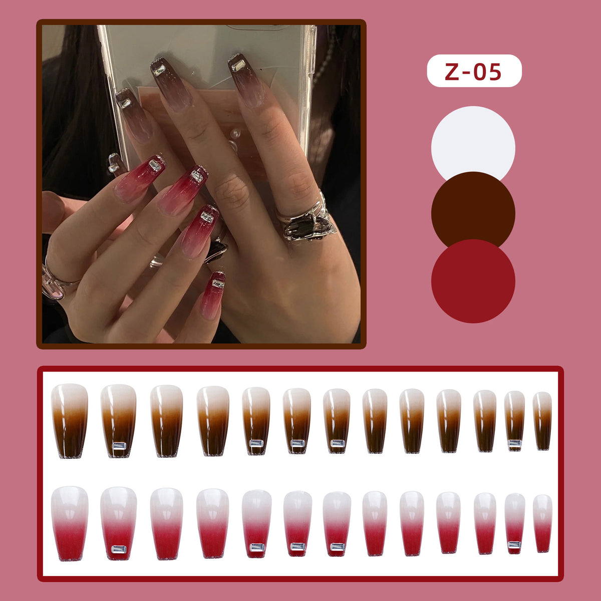 Z-05 Red Gray Ice Crystal Long False Nails - 24 Pcs