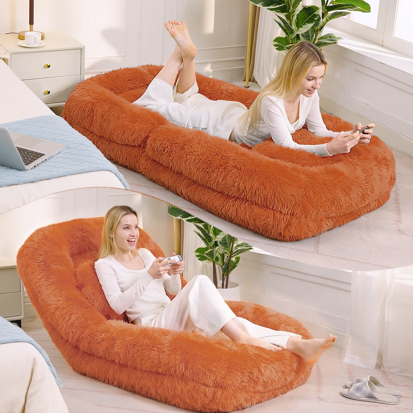 Adjustable Human Dog Bed & Lazy Sofa - Orange Plush Fabric