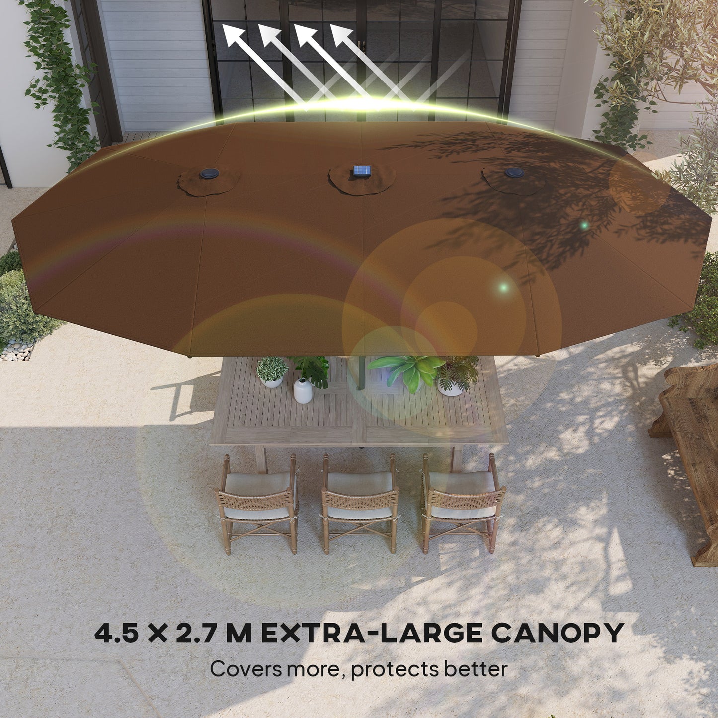 Double-Sided Garden Parasol with LED Solar Lights - Coffee
