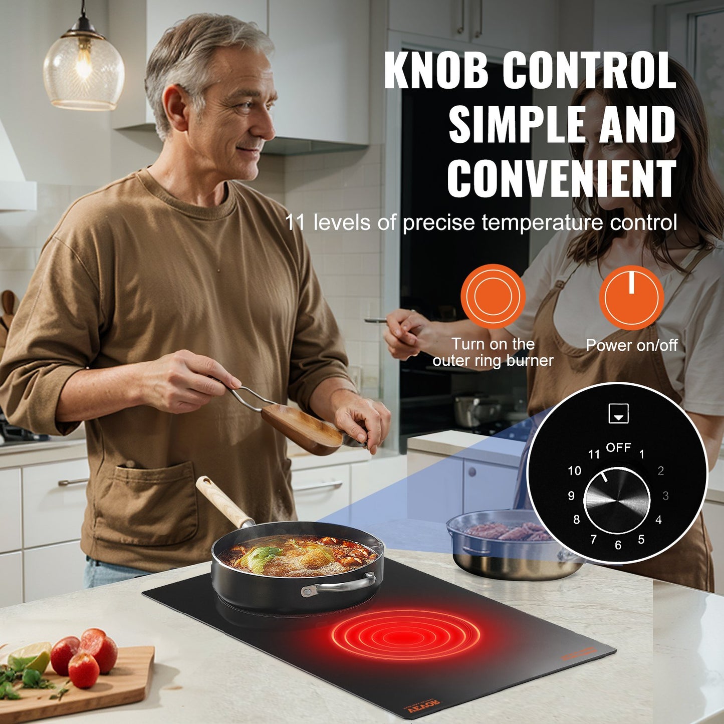 2 Burner Electric Cooktop with Knob Control 20.1x11.6 Inch Ceramic Stove - Black