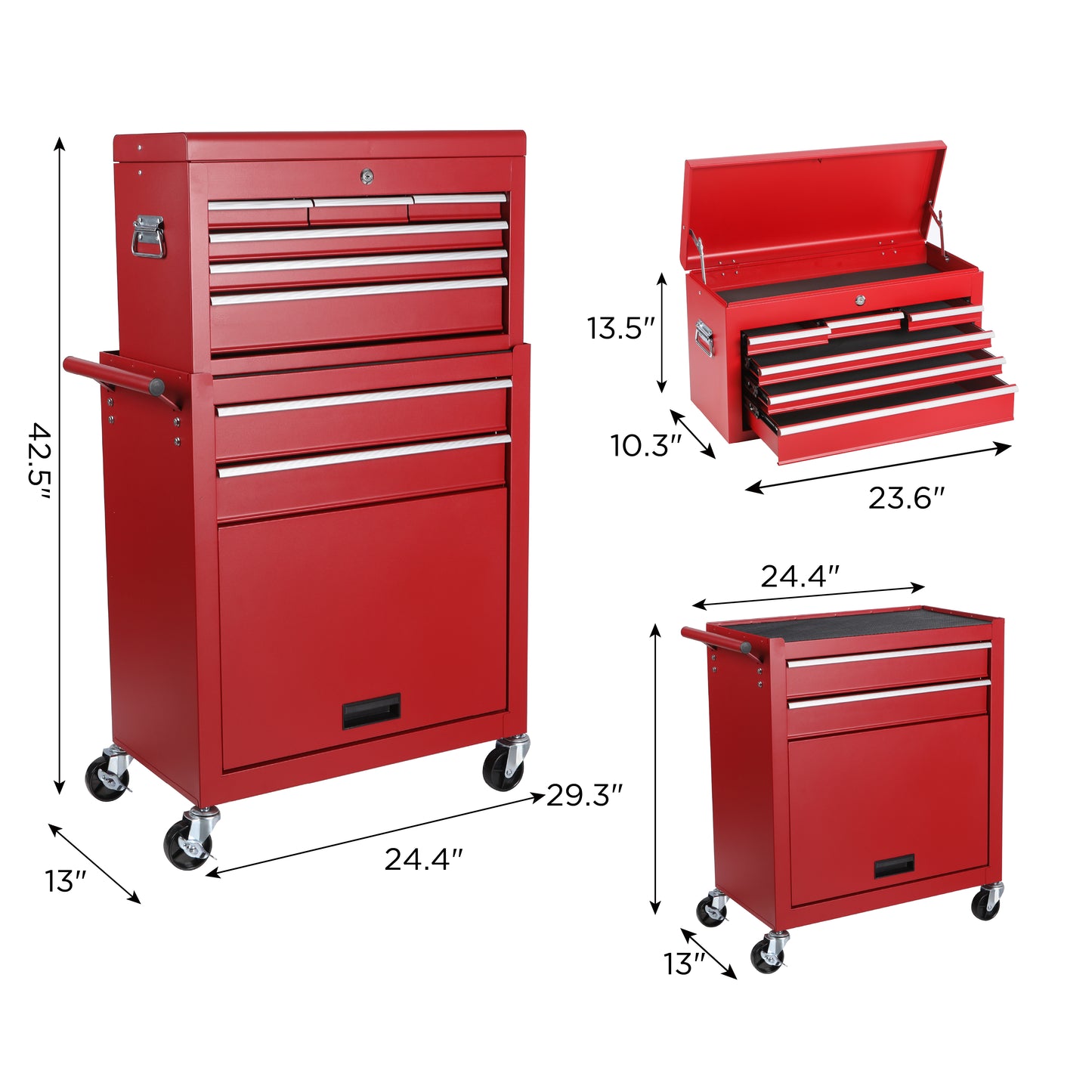 8-Drawer Rolling Tool Chest with Detachable Top Toolbox - Steel Garage Storage Cart, Lockable Wheels