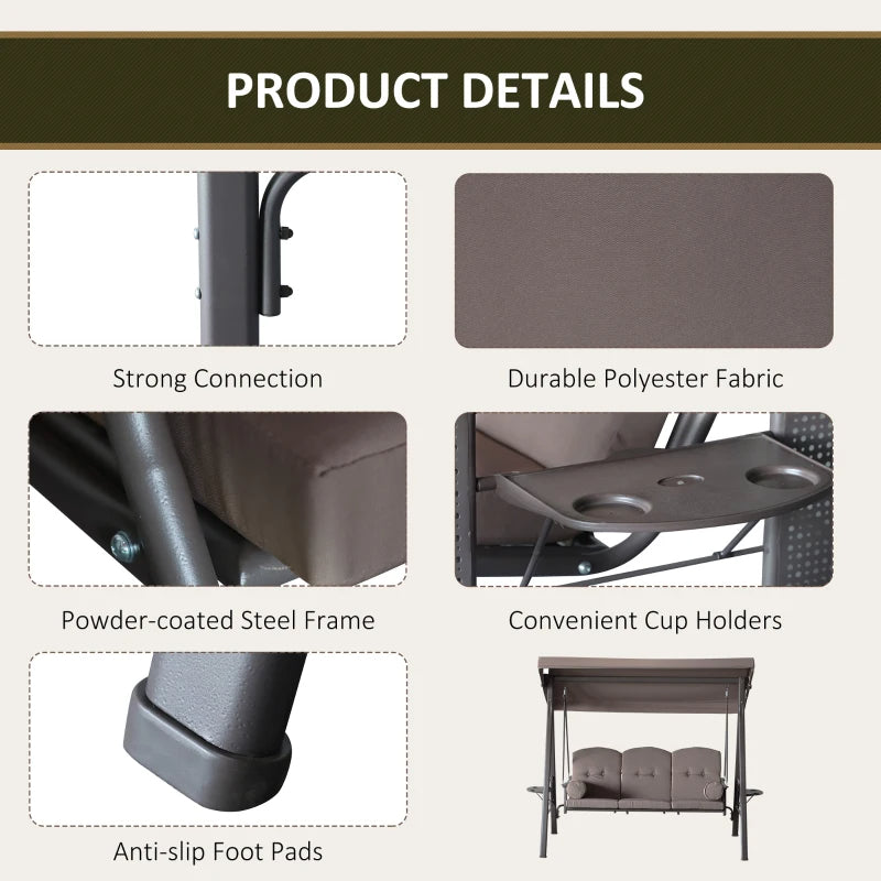 3-Seat Outdoor Patio Swing Chair with Adjustable Canopy - Brown Frame