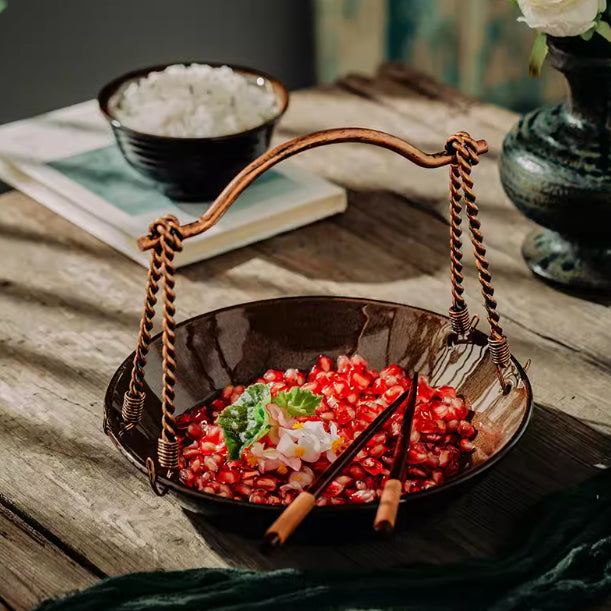 Japanese-Style Ceramic Handle Plate - Round Kitchen Serving Dish