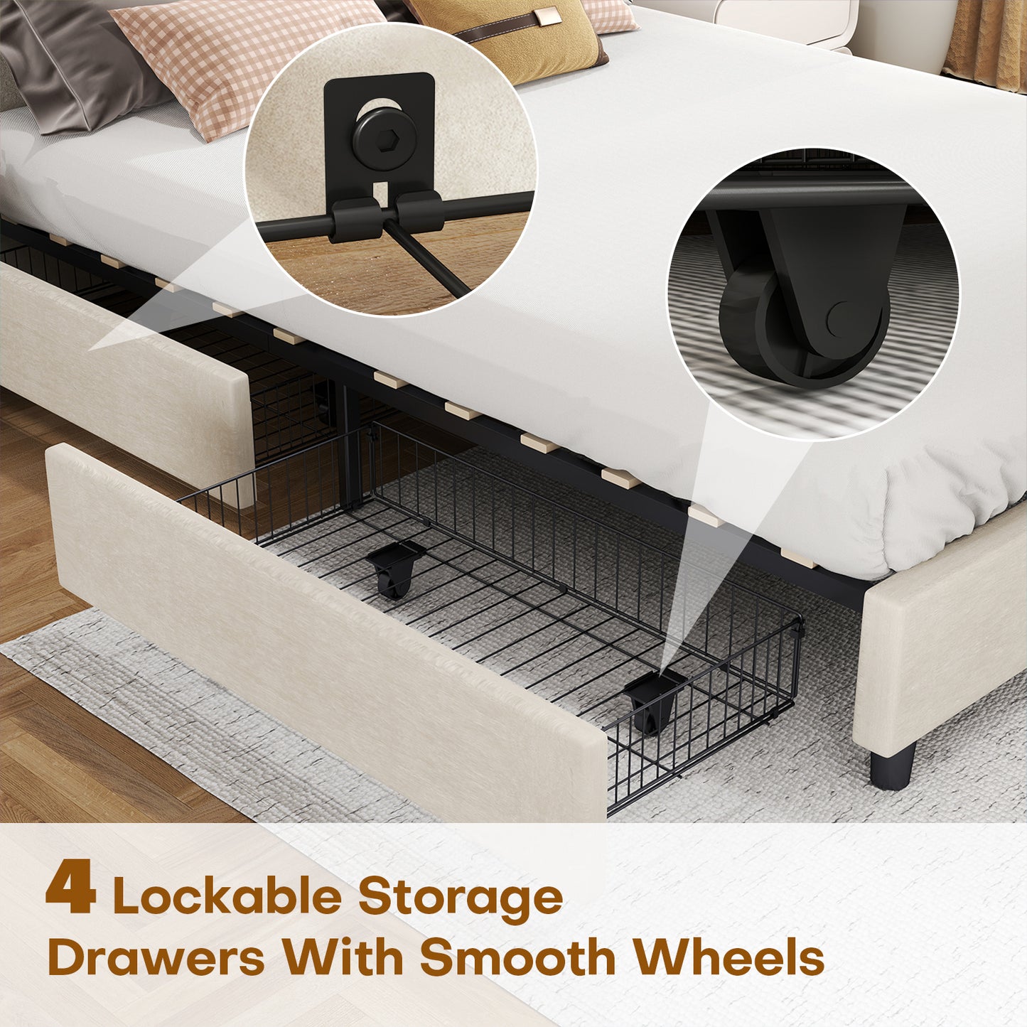 Bed Frame Upholstered Vertical Channel Headboard With 4 Storage