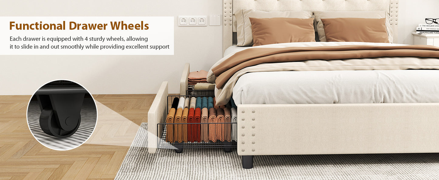 Queen Size Bed Frame With Headboard Wood Slat Support Platform