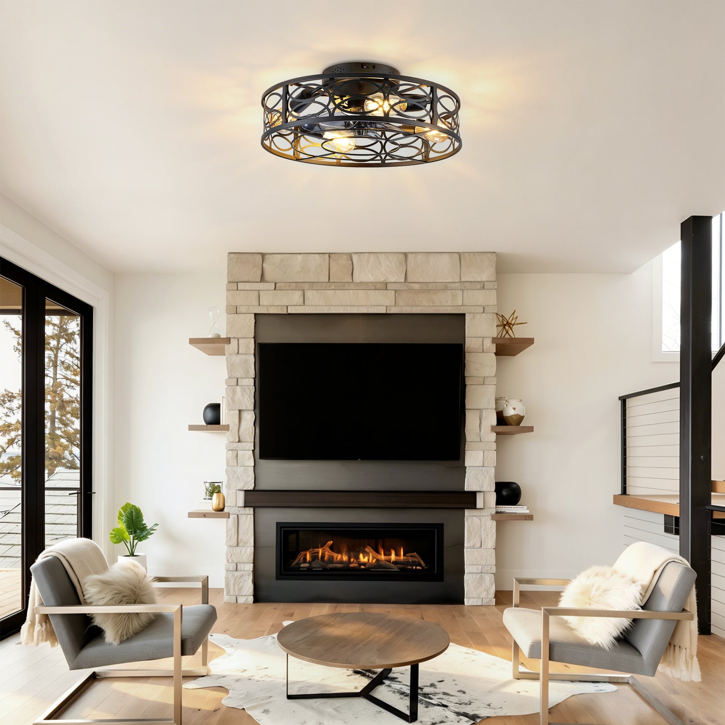 20" Low Profile Caged Ceiling Fan with Remote Control - Blush Gold Bronze