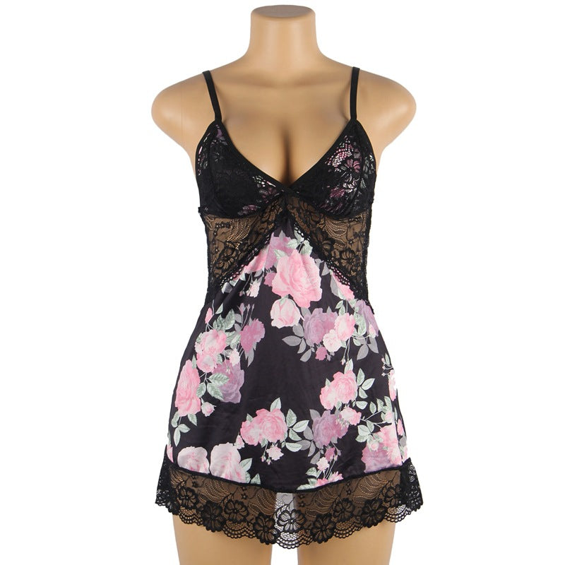 Plus Size Embroidery Lace Sleep Dress with Shorts - Pink & Black