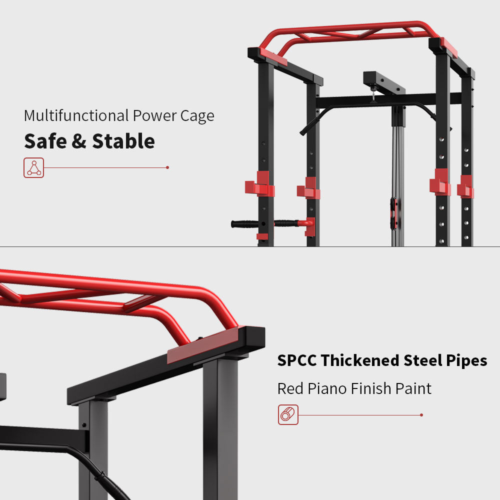 Adjustable Power Cage Squat Rack - 1000lbs Capacity, Black