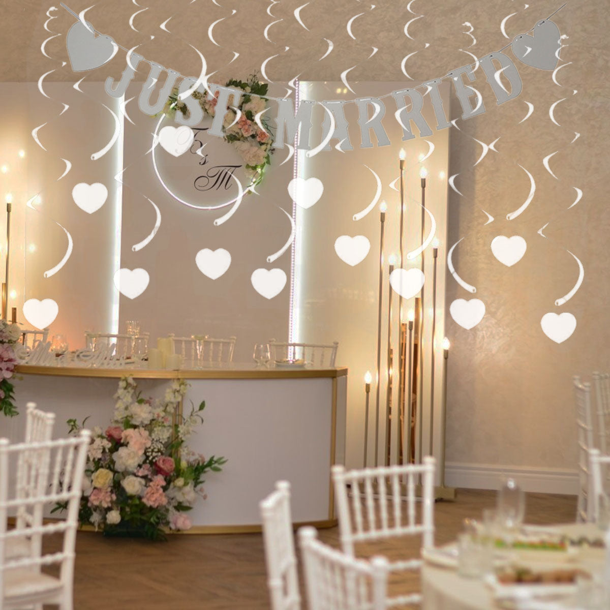 13-Piece Wedding Decoration Set with Just Married Banner & Swirls