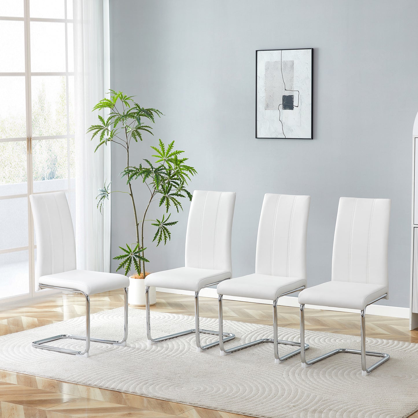 4-Pack White PU Upholstered Dining Chairs - Modern High-Back Side