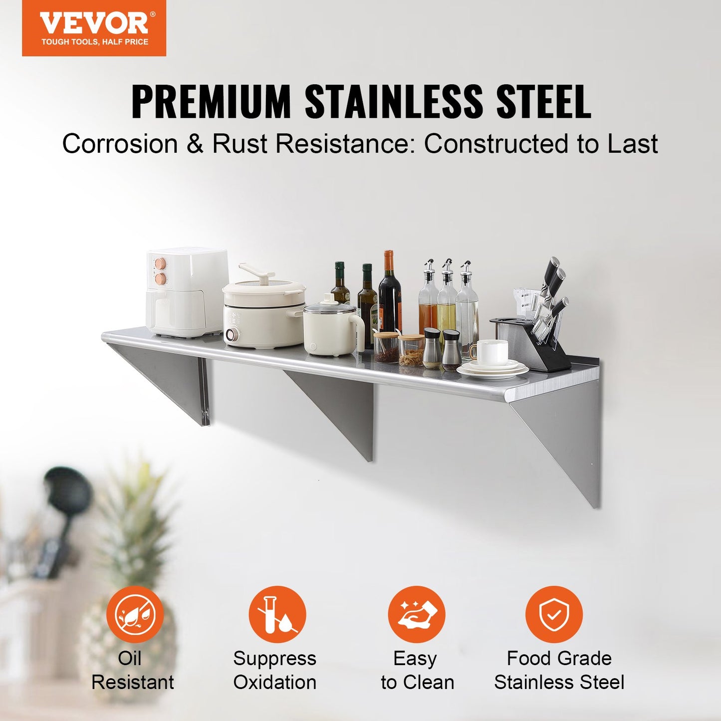 Heavy Duty Stainless Steel Floating Shelf - 18' x 72' - 500 LBS Capacity