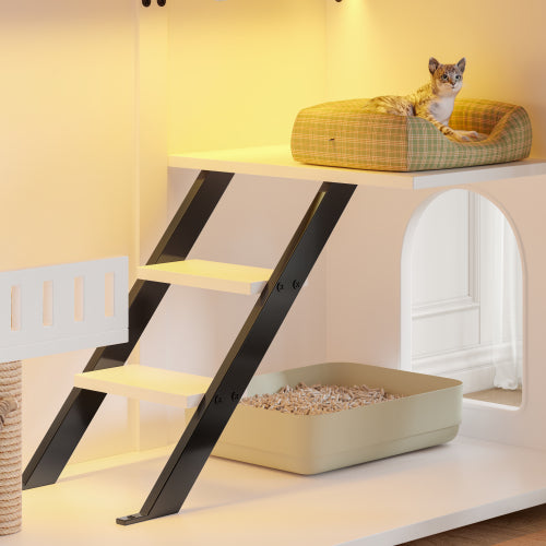 Large Cat Litter Box Enclosure with LED Light and Stairs - White