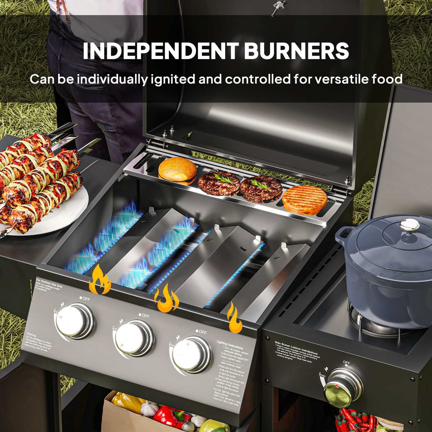 3-Burner Propane Gas Grill with Side Burner and Shelves