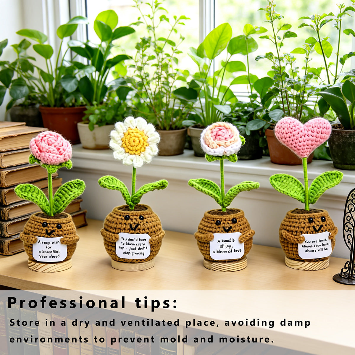Mini Crochet Potted Flower Decor Assorted Rose & Heart with Inspirational Cards