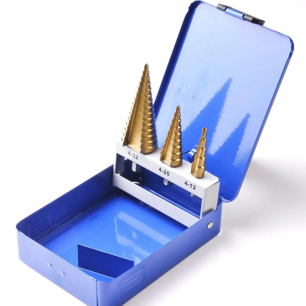 3-Piece Metal Step Drill Bit Set with Hex Handle for Metal Plastic Wood