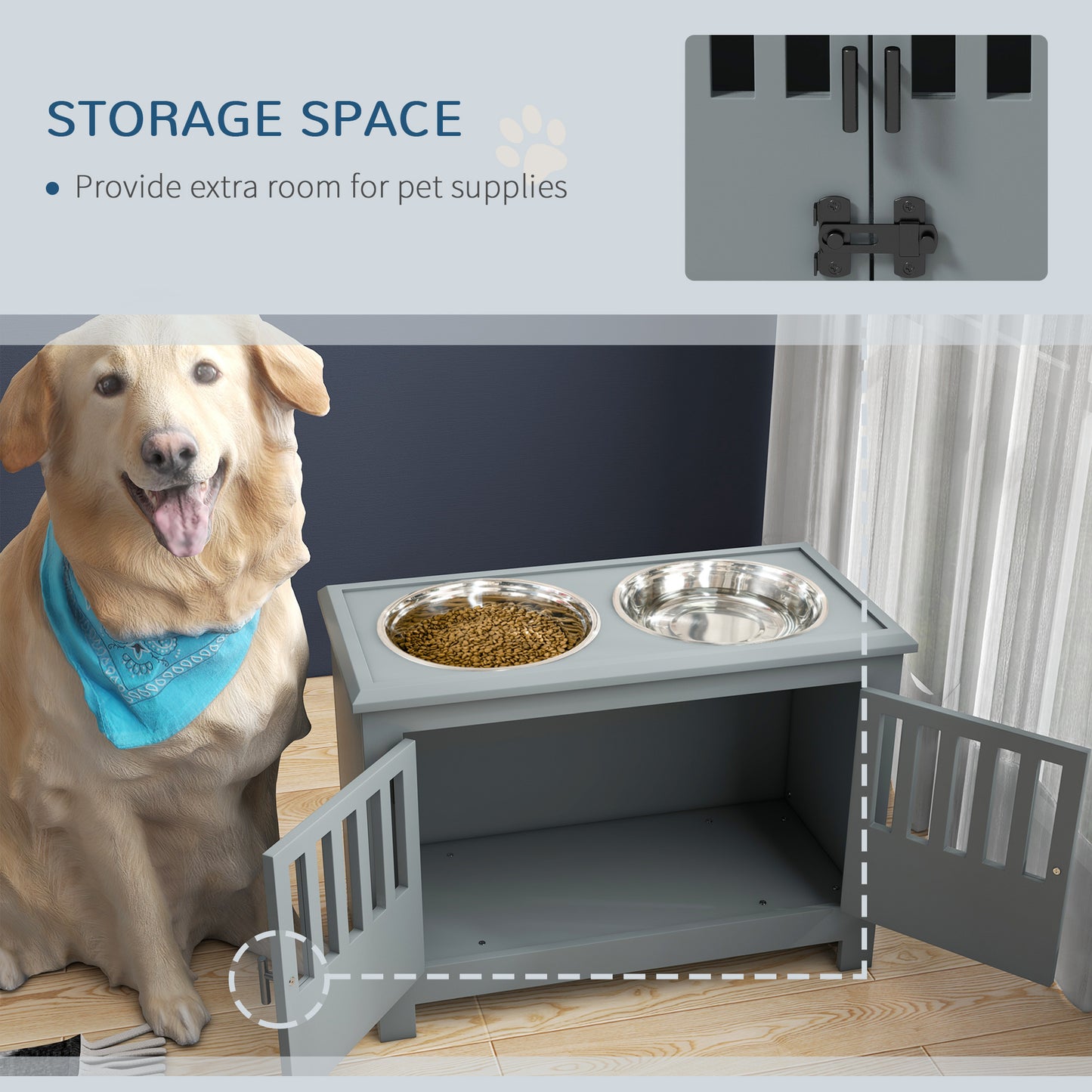 Dog Food Storage Cabinet with Bowls and Feeding Station - Gray