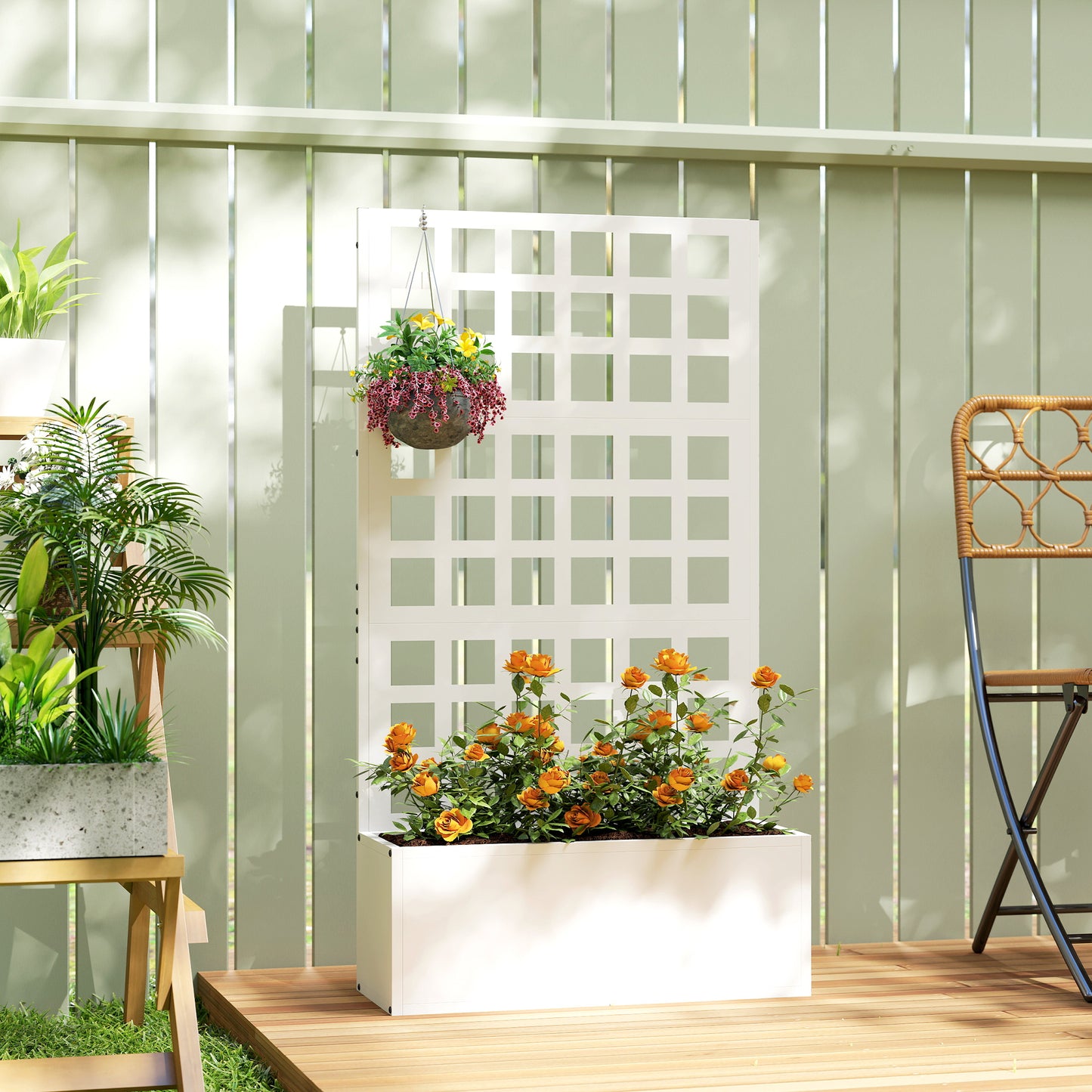 Galvanized Steel Raised Garden Bed with Trellis 24x9x44.5 Inches - White
