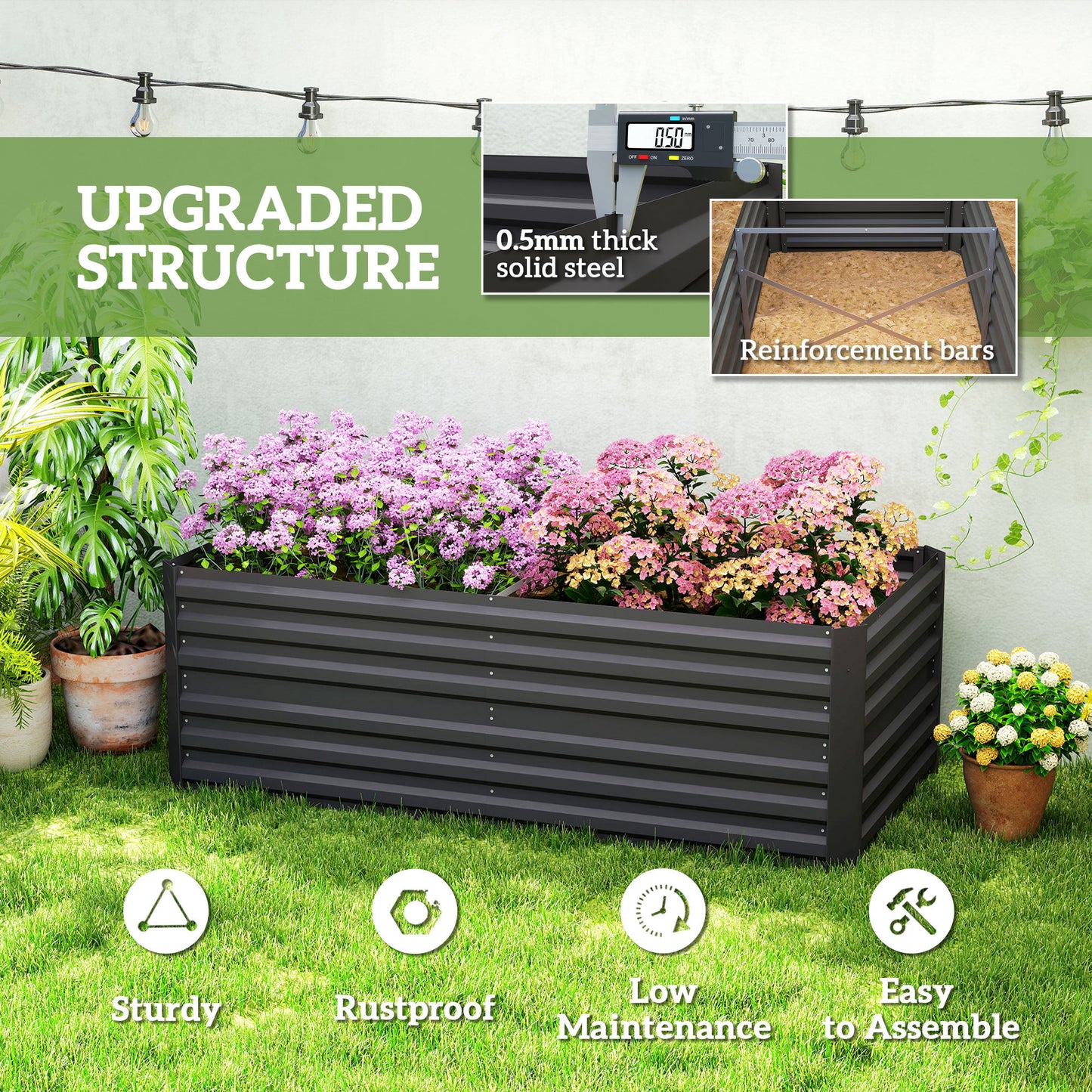 Galvanized Steel Raised Garden Bed 71x36x23 Inches Outdoor Planter Black